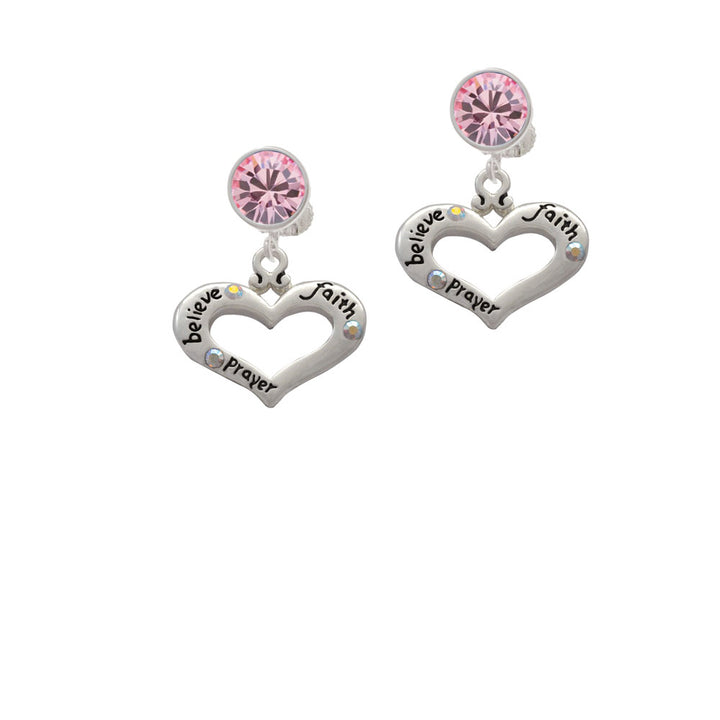 Heart with 3 AB Crystals - Believe Faith Prayer Crystal Clip On Earrings Image 4