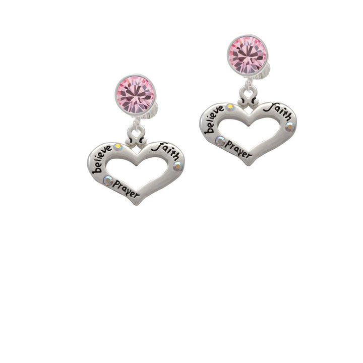 Heart with 3 AB Crystals - Believe Faith Prayer Crystal Clip On Earrings Image 1