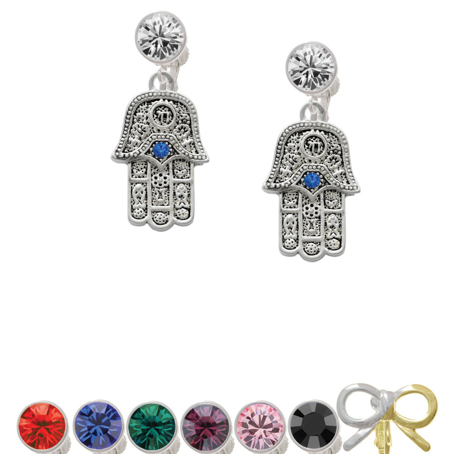 Hamsa Hand with Blue Crystal Crystal Clip On Earrings Image 1