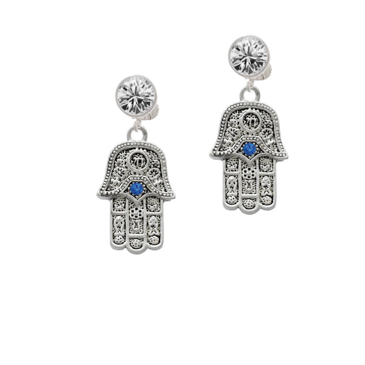 Hamsa Hand with Blue Crystal Crystal Clip On Earrings Image 2