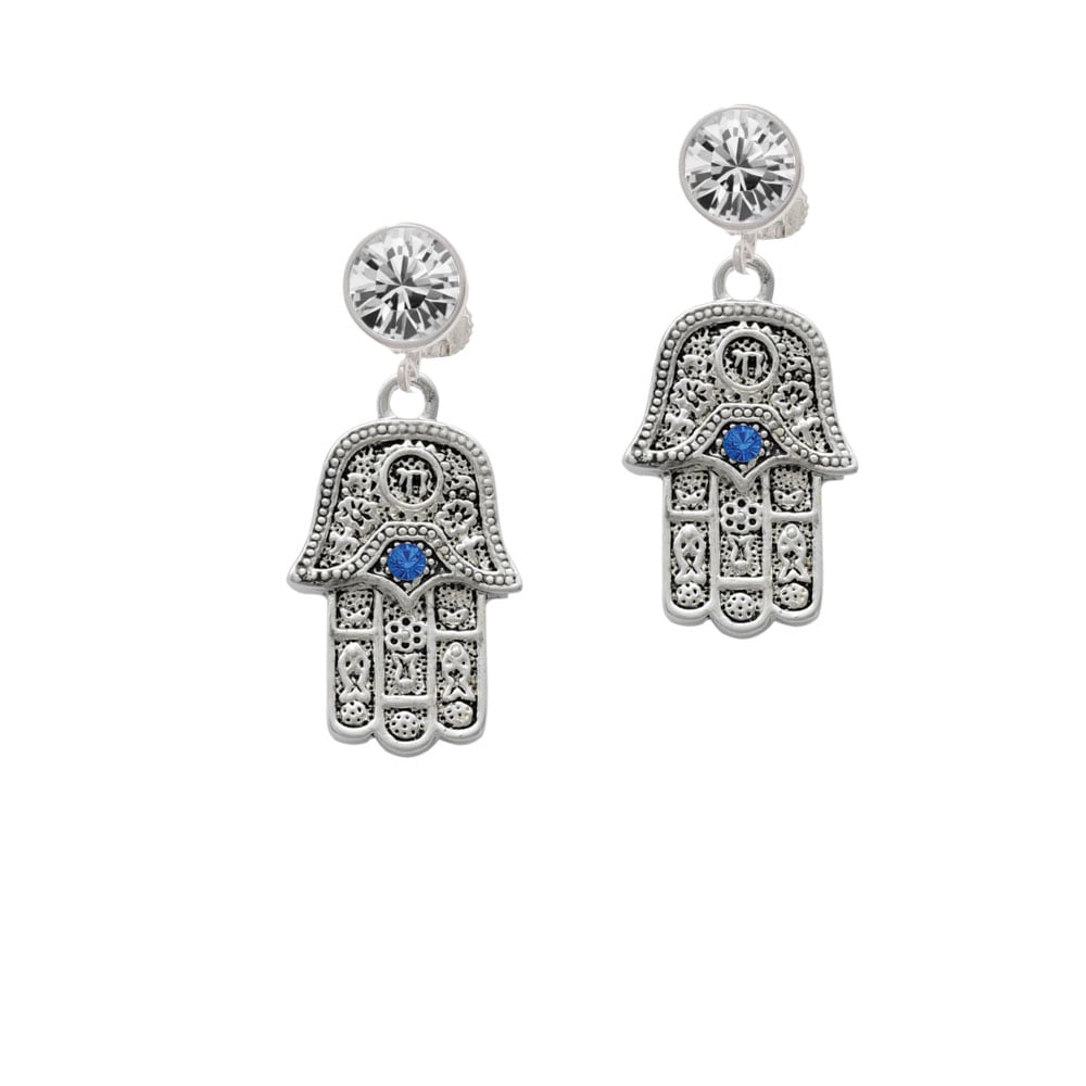 Hamsa Hand with Blue Crystal Crystal Clip On Earrings Image 1