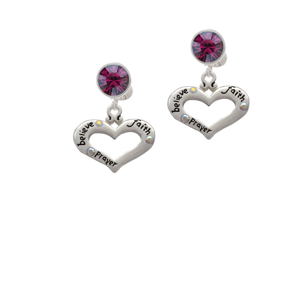 Heart with 3 AB Crystals - Believe Faith Prayer Crystal Clip On Earrings Image 8