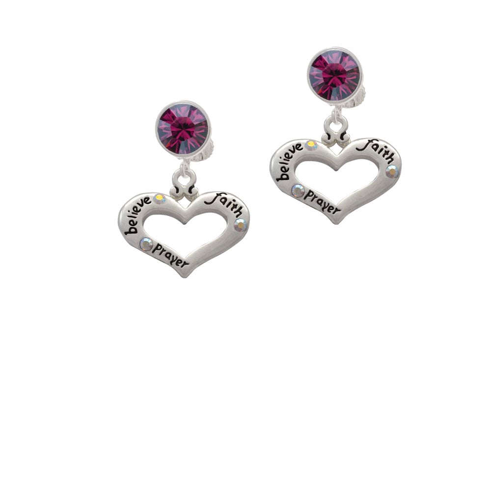 Heart with 3 AB Crystals - Believe Faith Prayer Crystal Clip On Earrings Image 1