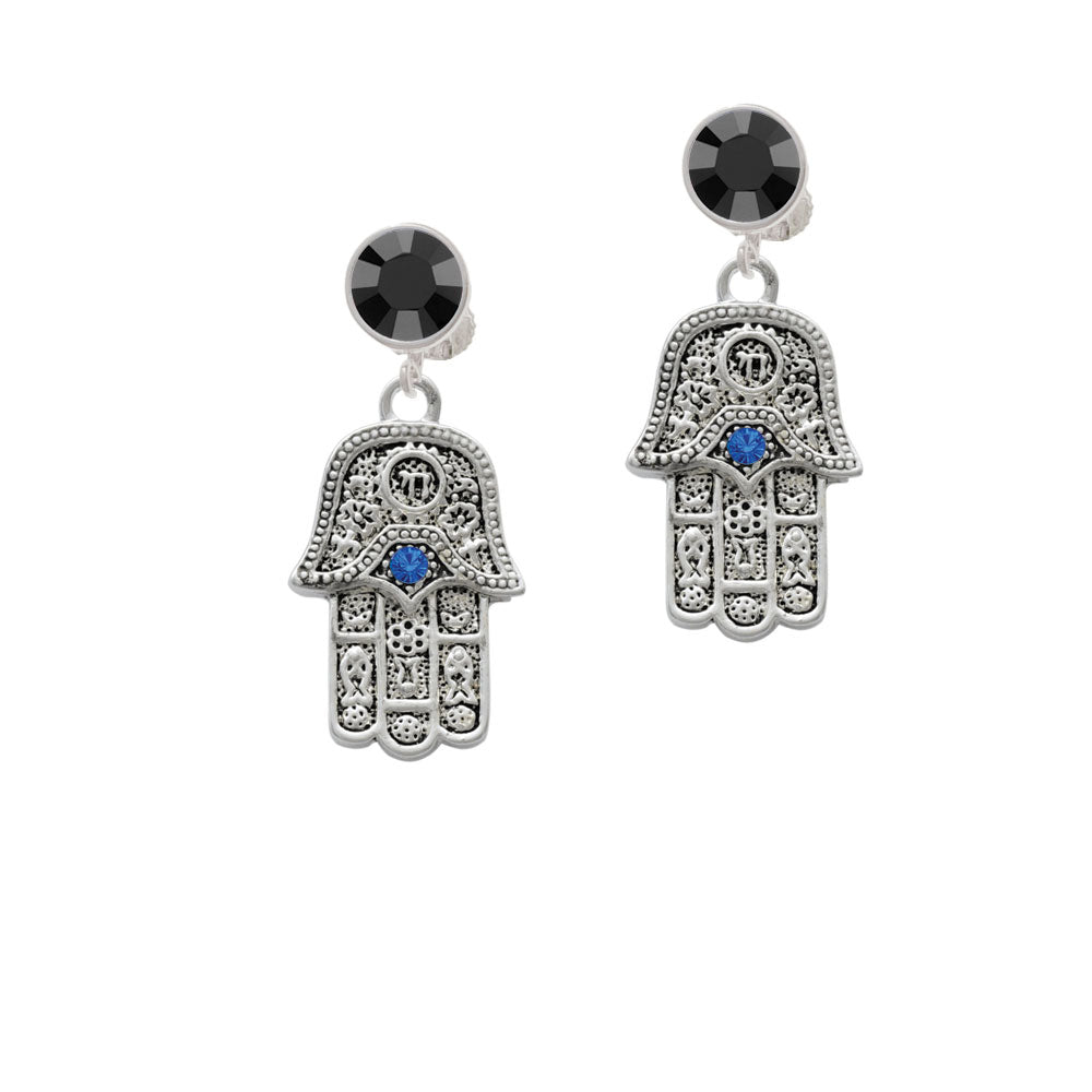 Hamsa Hand with Blue Crystal Crystal Clip On Earrings Image 3