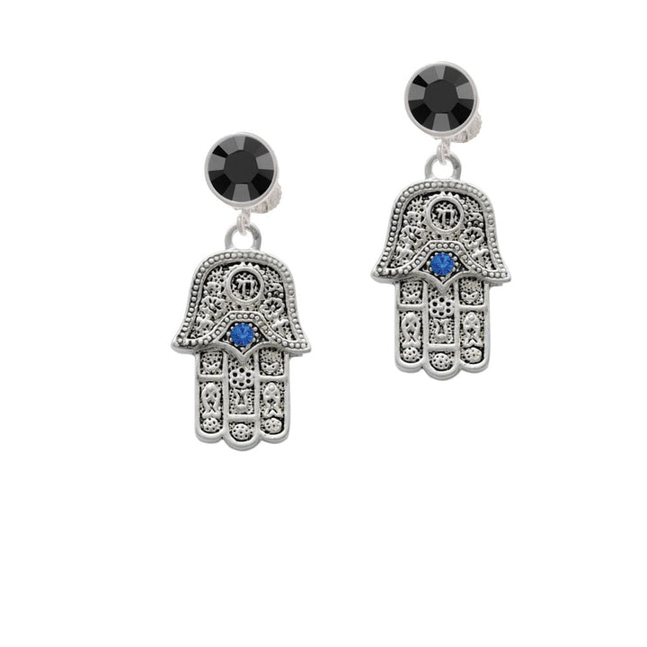 Hamsa Hand with Blue Crystal Crystal Clip On Earrings Image 1