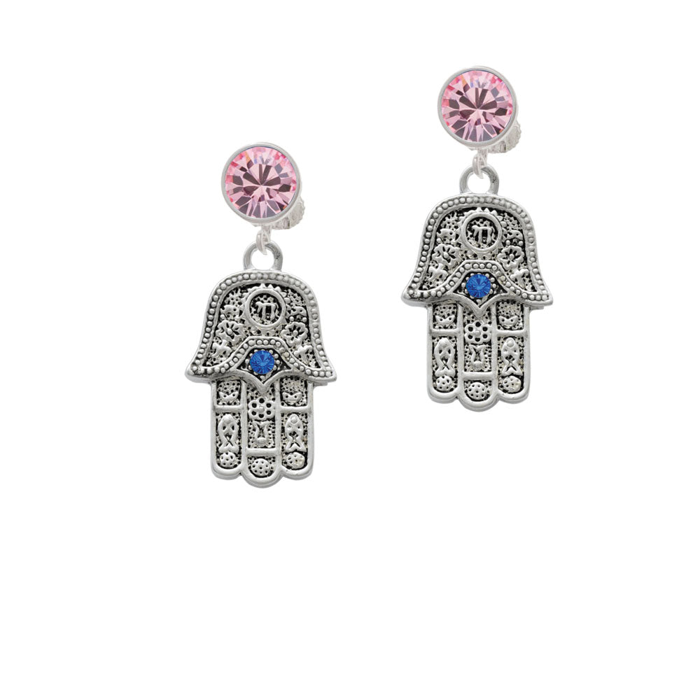 Hamsa Hand with Blue Crystal Crystal Clip On Earrings Image 4