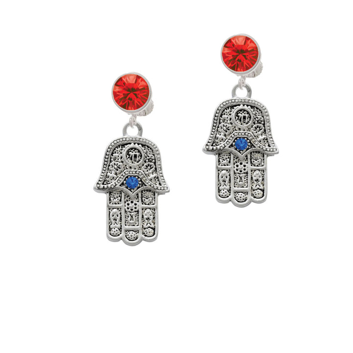 Hamsa Hand with Blue Crystal Crystal Clip On Earrings Image 4