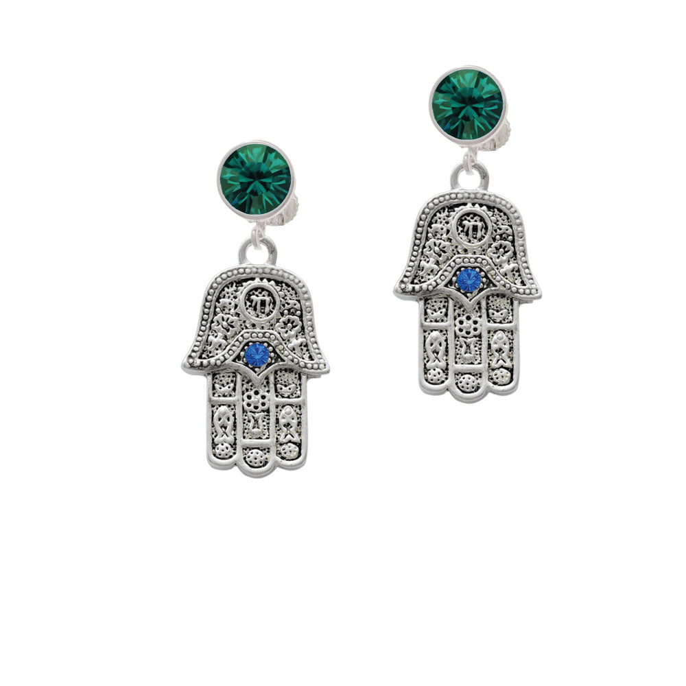 Hamsa Hand with Blue Crystal Crystal Clip On Earrings Image 6