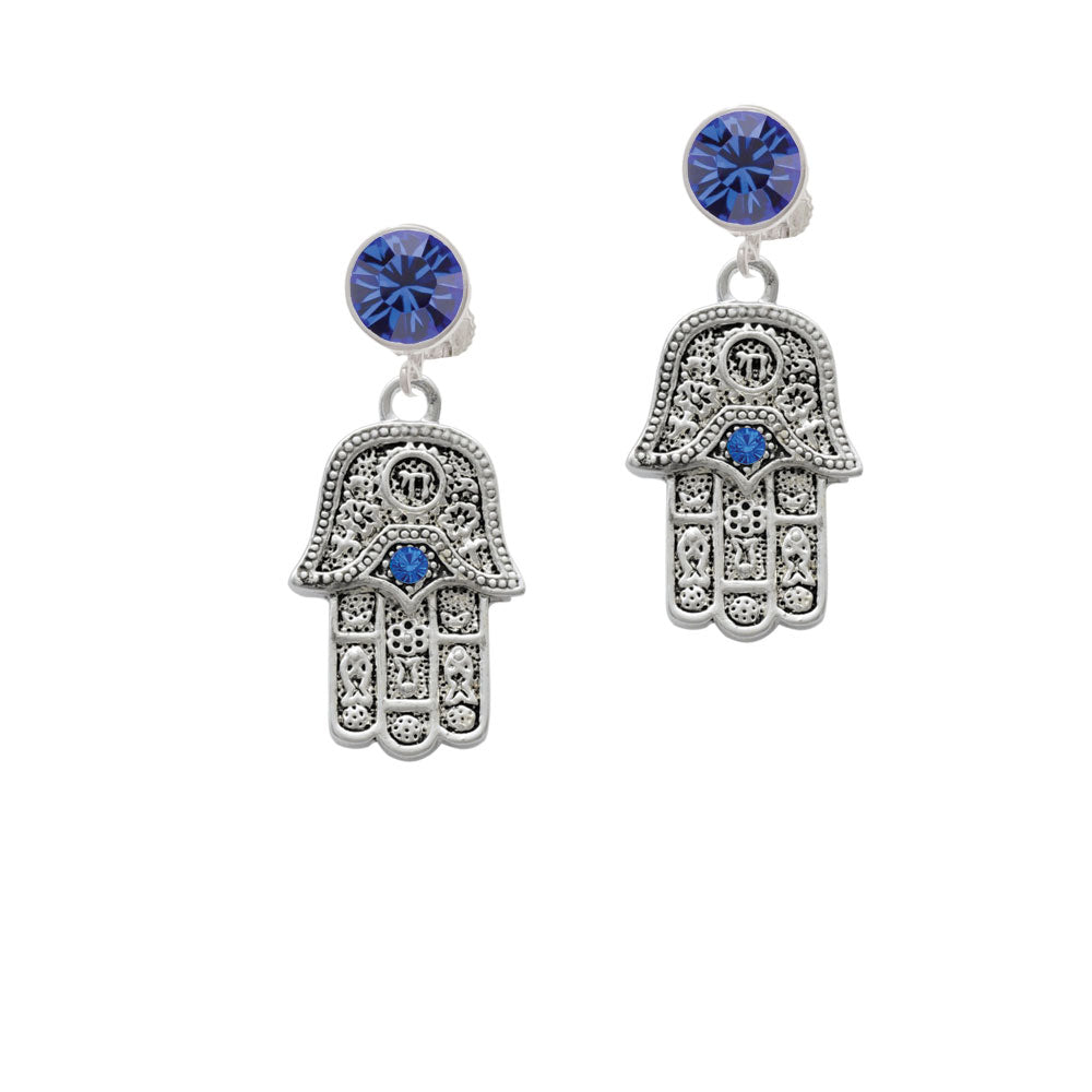 Hamsa Hand with Blue Crystal Crystal Clip On Earrings Image 7