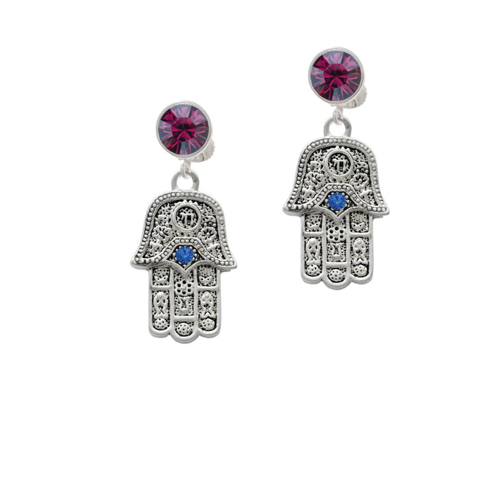 Hamsa Hand with Blue Crystal Crystal Clip On Earrings Image 8