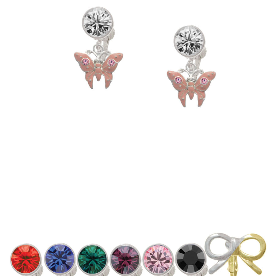 Pink Butterfly with 2 Pink Crystals Crystal Clip On Earrings Image 1