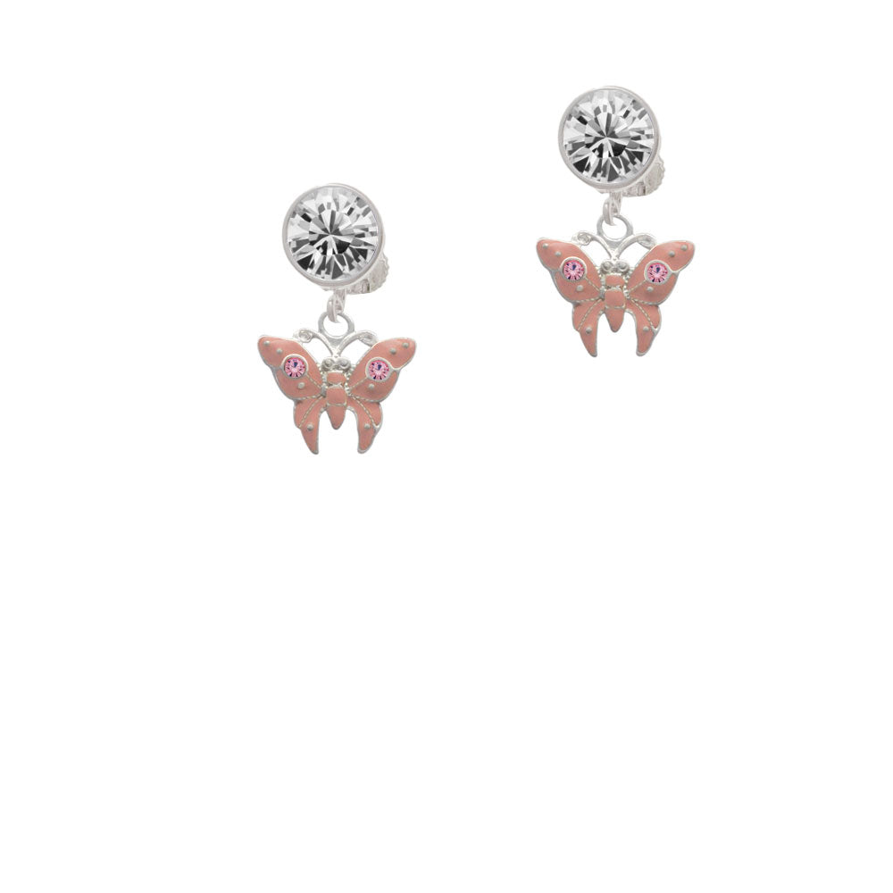 Pink Butterfly with 2 Pink Crystals Crystal Clip On Earrings Image 2