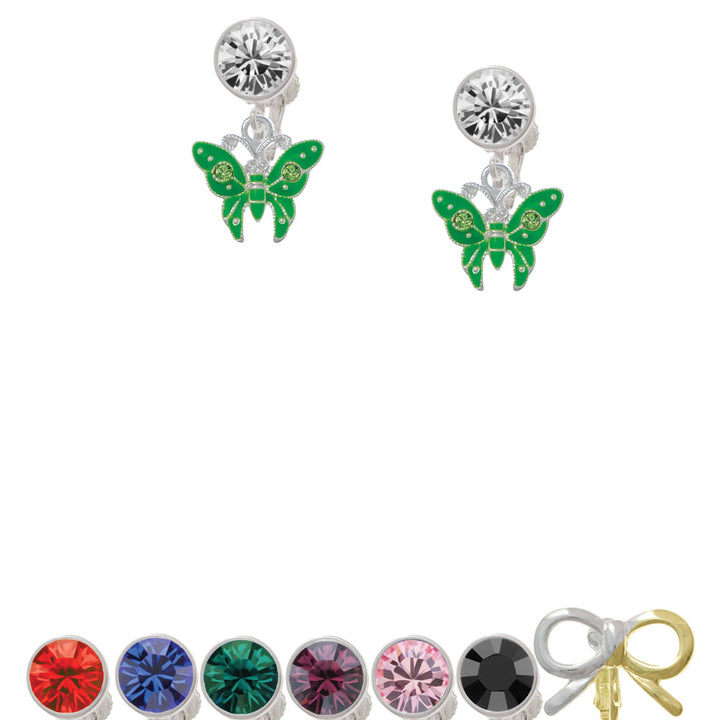 Lime Green Butterfly with 2 Lime Green Crystals Crystal Clip On Earrings Image 1