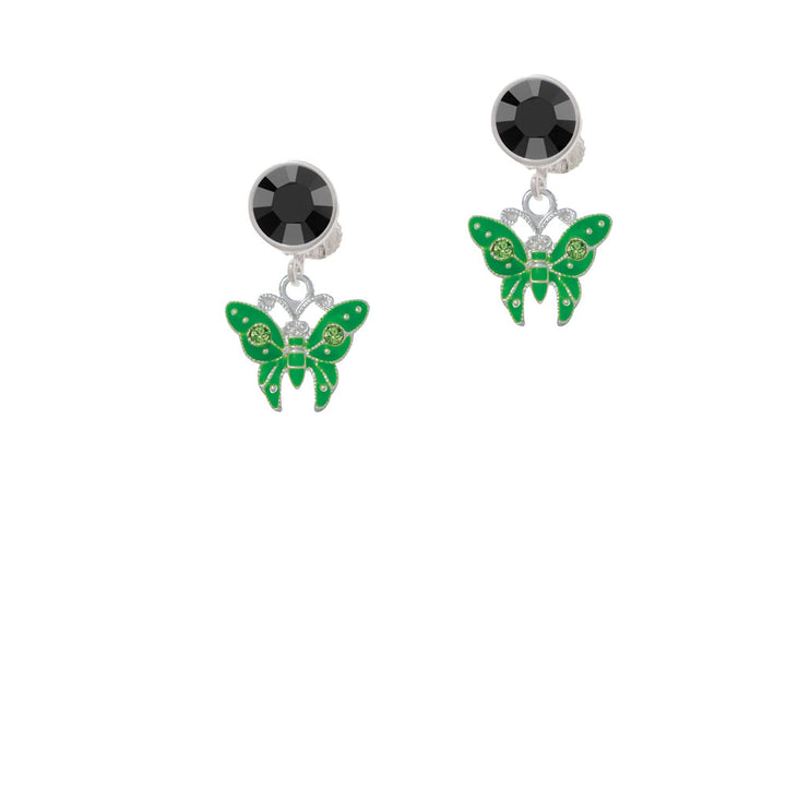 Lime Green Butterfly with 2 Lime Green Crystals Crystal Clip On Earrings Image 3