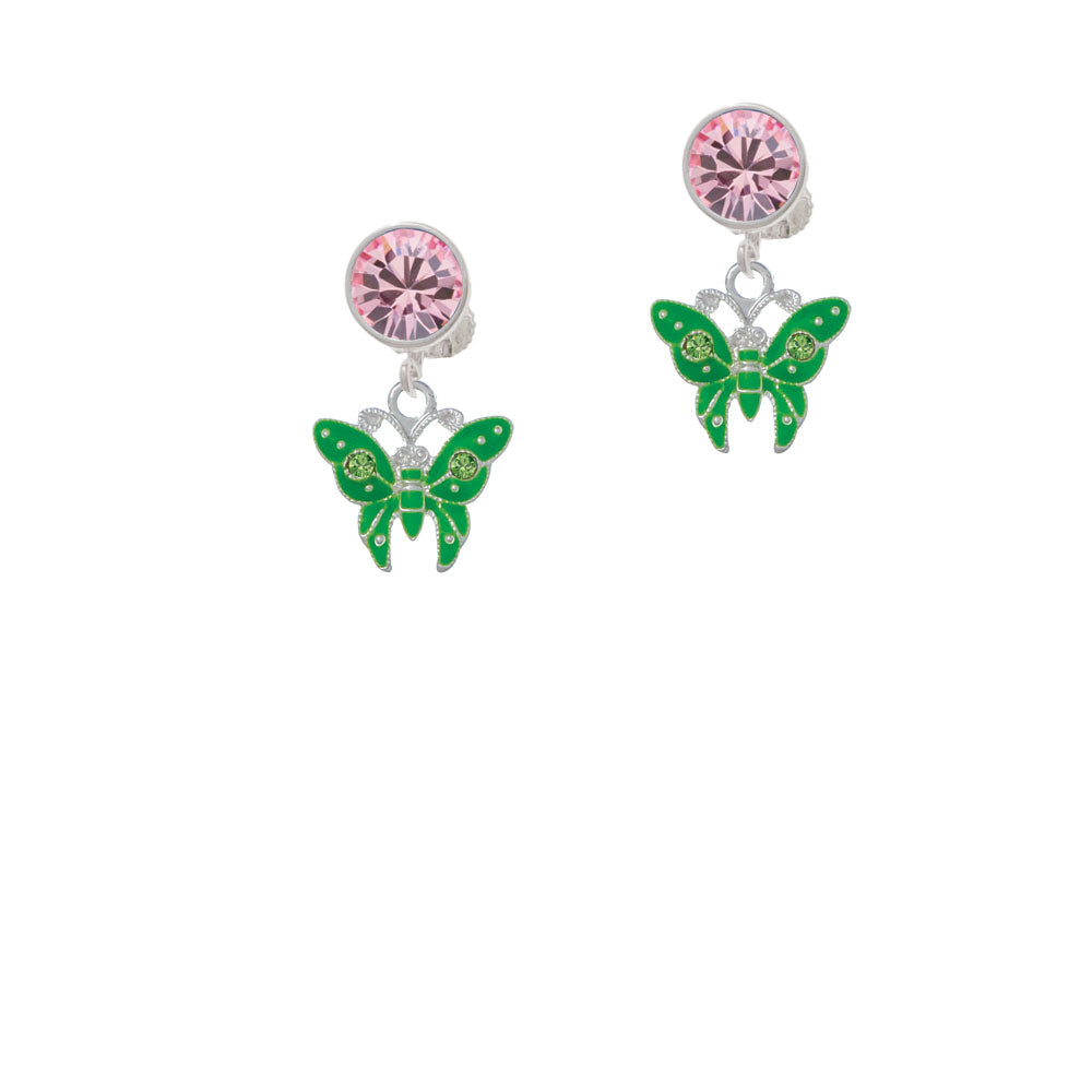 Lime Green Butterfly with 2 Lime Green Crystals Crystal Clip On Earrings Image 4