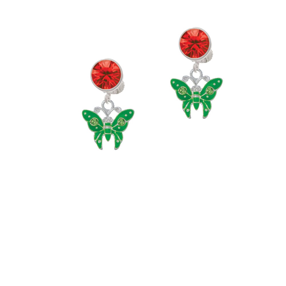 Lime Green Butterfly with 2 Lime Green Crystals Crystal Clip On Earrings Image 1