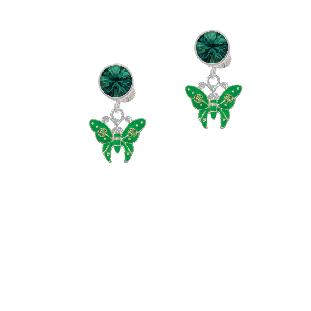 Lime Green Butterfly with 2 Lime Green Crystals Crystal Clip On Earrings Image 6