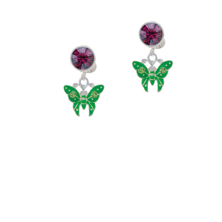 Lime Green Butterfly with 2 Lime Green Crystals Crystal Clip On Earrings Image 8