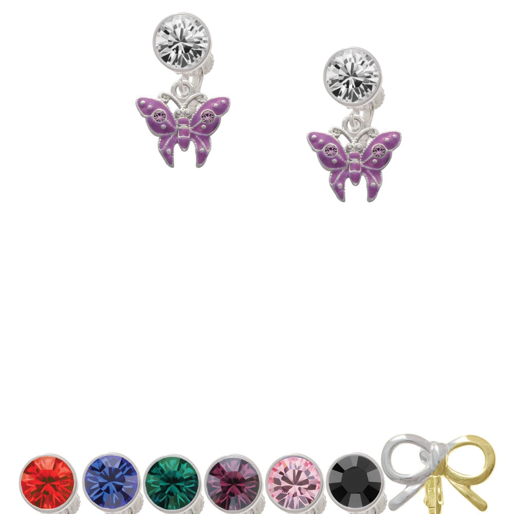 Hot Purple Butterfly with 2 Crystals Crystal Clip On Earrings Image 1