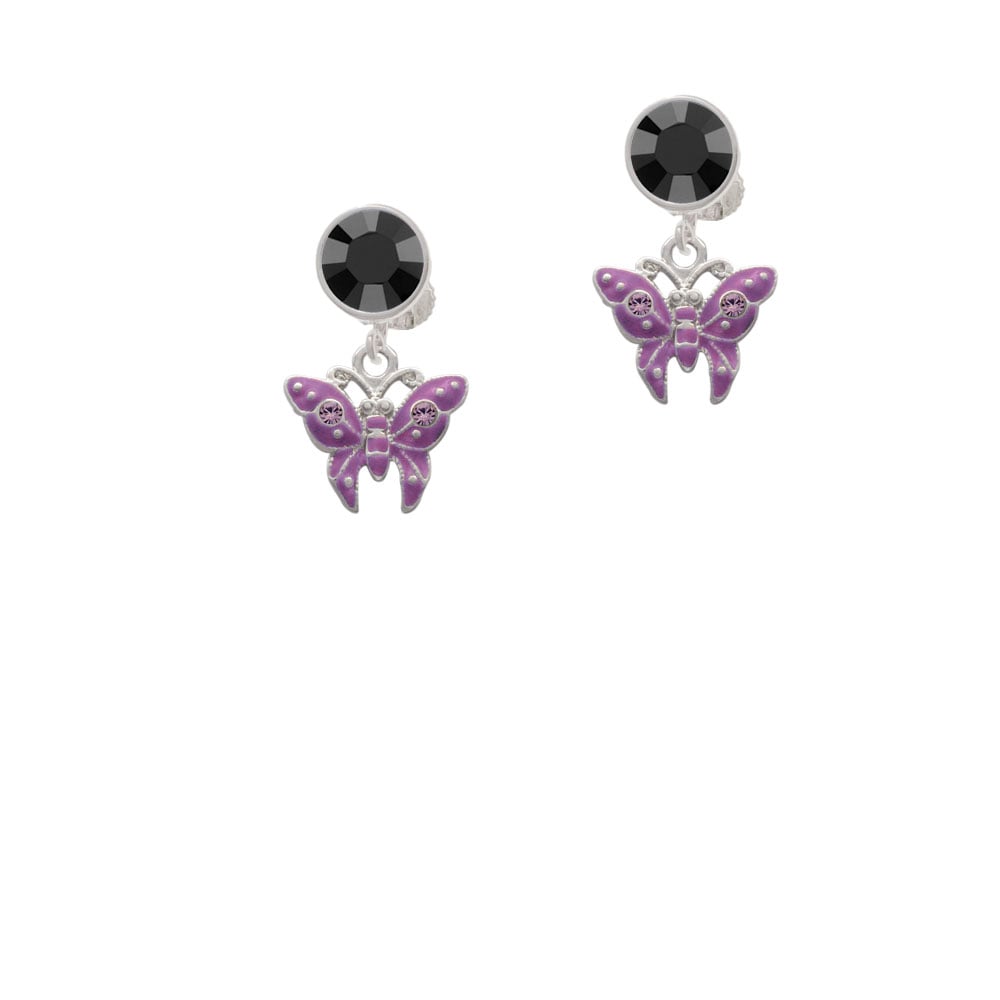 Hot Purple Butterfly with 2 Crystals Crystal Clip On Earrings Image 3