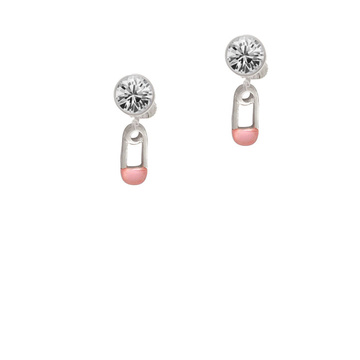 2-Sided Pink Baby Safety Pin Crystal Clip On Earrings Image 2