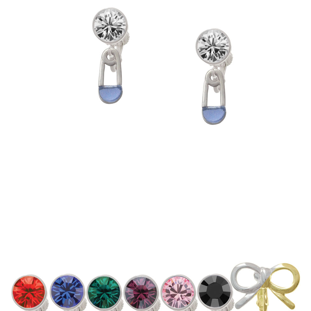 2-Sided Blue Baby Safety Pin Crystal Clip On Earrings Image 1