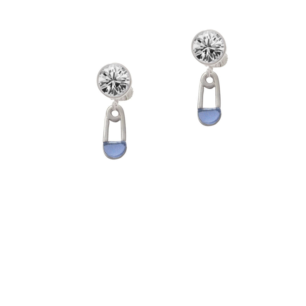 2-Sided Blue Baby Safety Pin Crystal Clip On Earrings Image 2