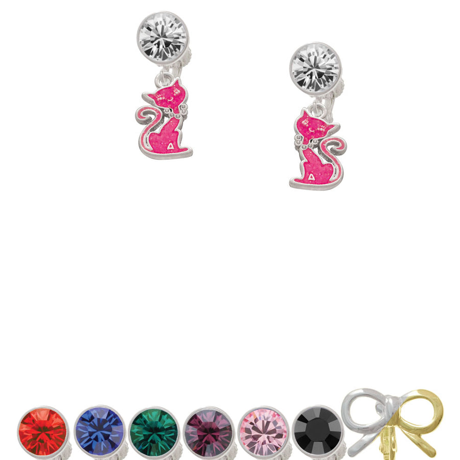 Hot Pink Glitter Cat Crystal Clip On Earrings Image 1