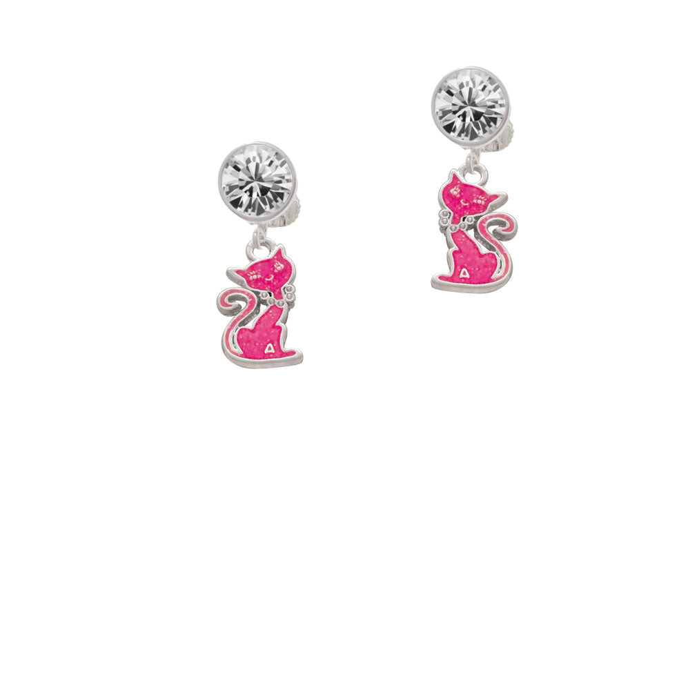 Hot Pink Glitter Cat Crystal Clip On Earrings Image 2