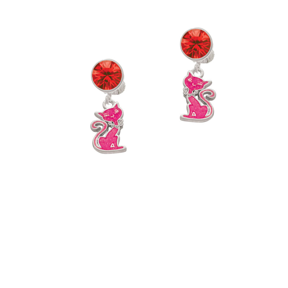 Hot Pink Glitter Cat Crystal Clip On Earrings Image 4