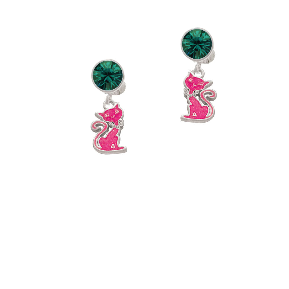 Hot Pink Glitter Cat Crystal Clip On Earrings Image 6