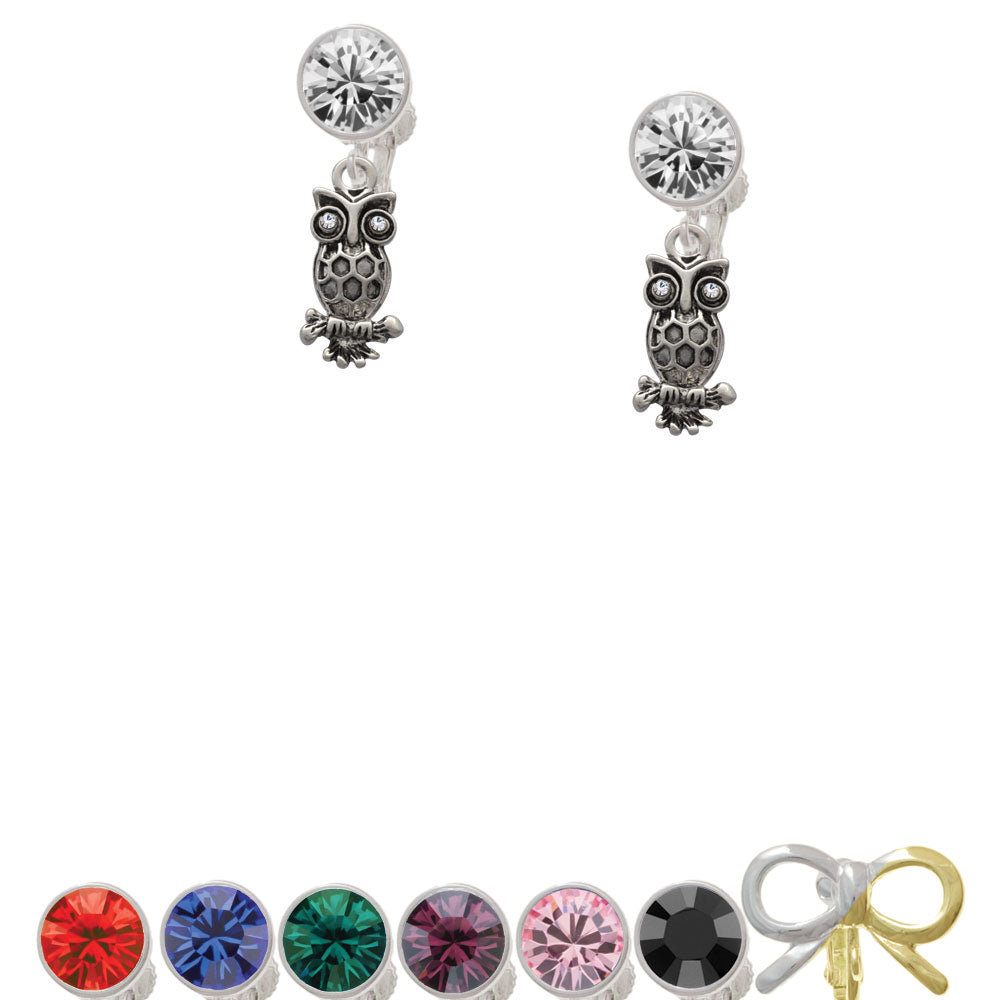 Antiqued Owl with Clear Crystal Eyes Crystal Clip On Earrings Image 1