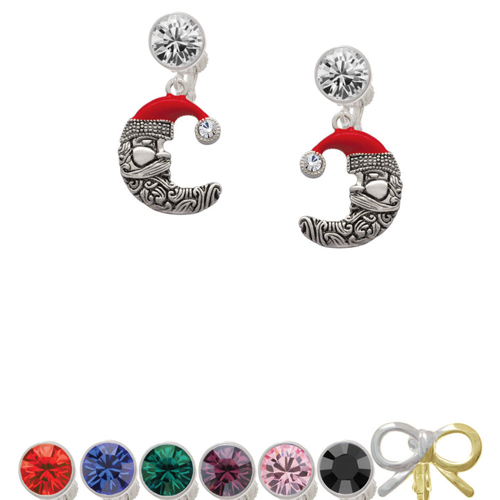 Large Crescent Moon Santa Face Crystal Clip On Earrings Image 1