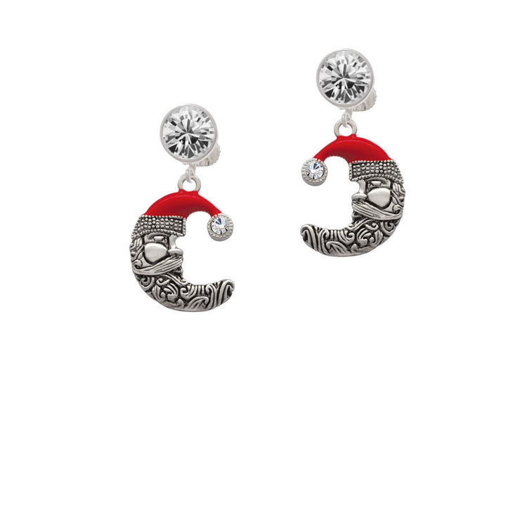 Large Crescent Moon Santa Face Crystal Clip On Earrings Image 2