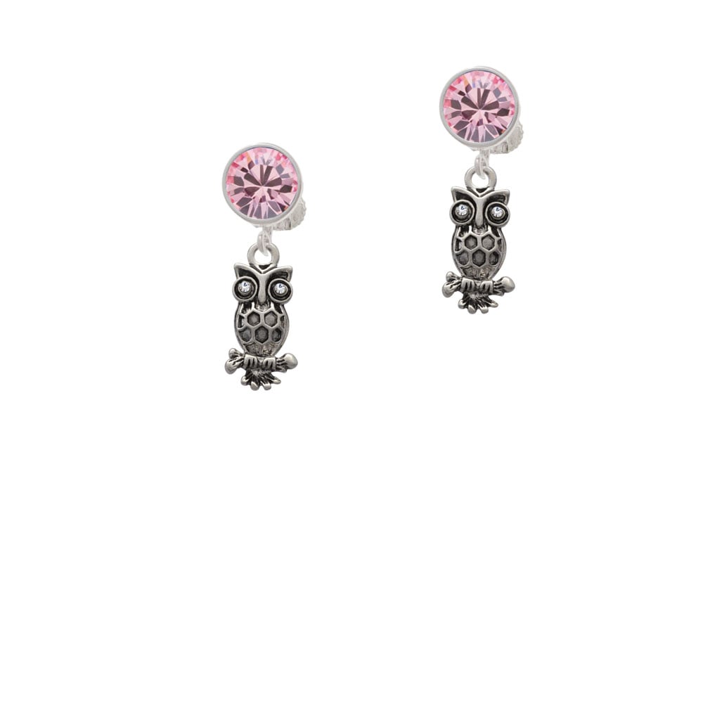 Antiqued Owl with Clear Crystal Eyes Crystal Clip On Earrings Image 1