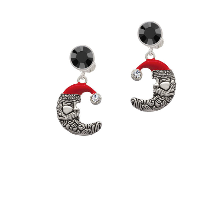 Large Crescent Moon Santa Face Crystal Clip On Earrings Image 3