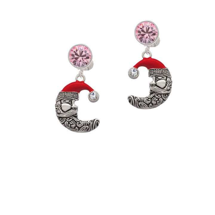 Large Crescent Moon Santa Face Crystal Clip On Earrings Image 4