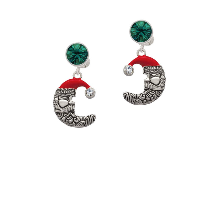 Large Crescent Moon Santa Face Crystal Clip On Earrings Image 1