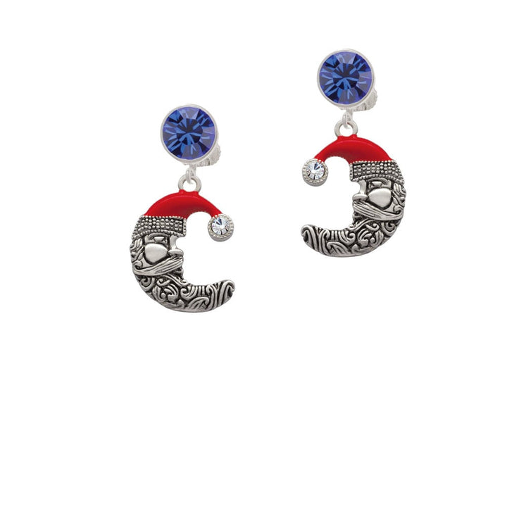 Large Crescent Moon Santa Face Crystal Clip On Earrings Image 7