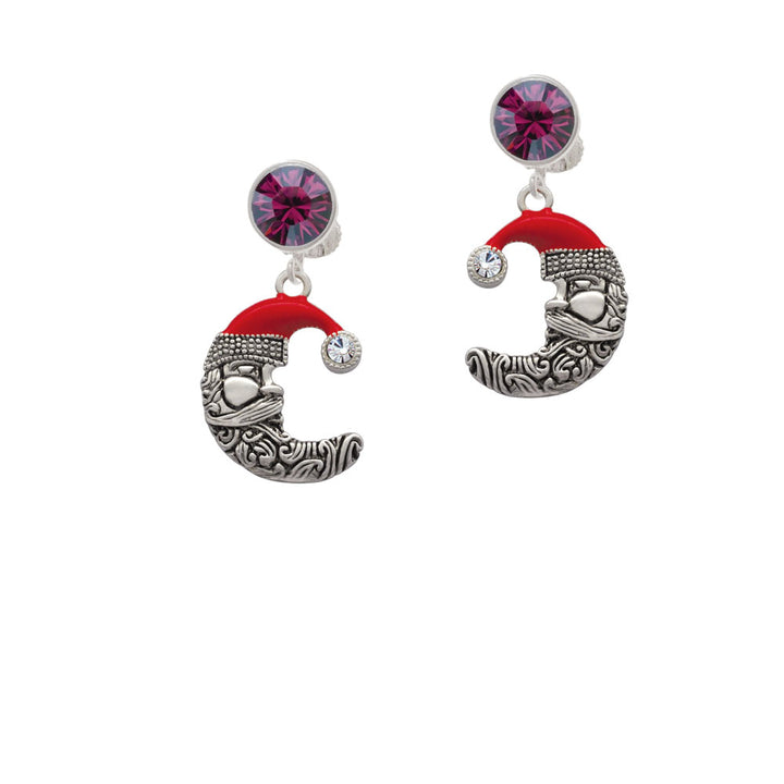 Large Crescent Moon Santa Face Crystal Clip On Earrings Image 8