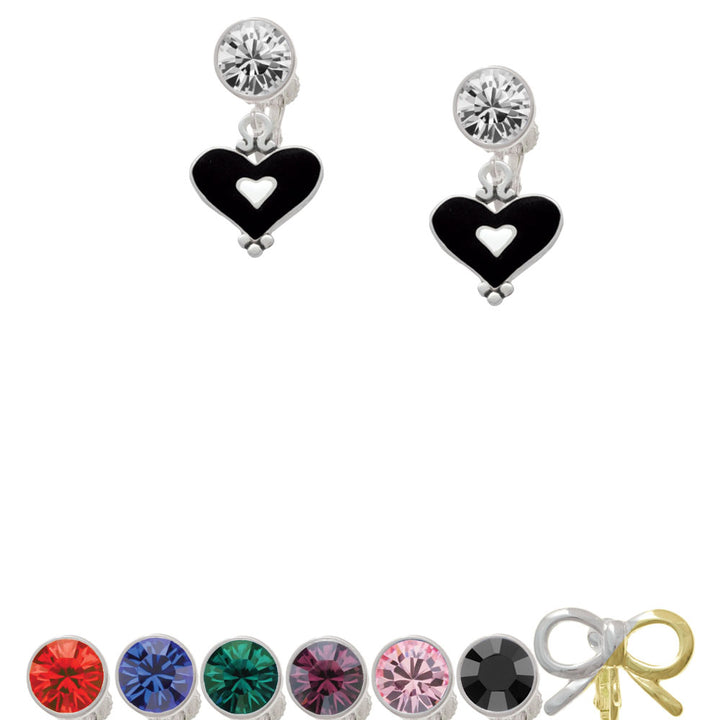 Black and White Enamel Heart Crystal Clip On Earrings Image 1