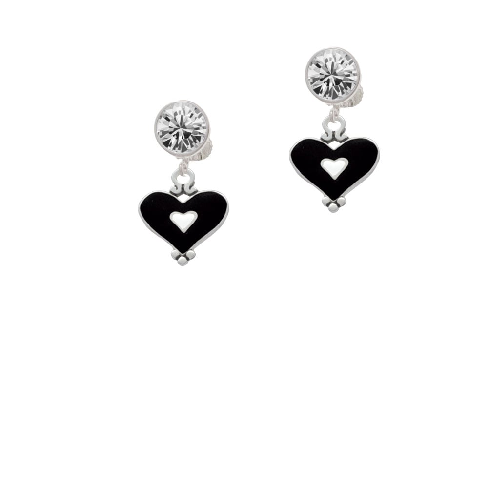 Black and White Enamel Heart Crystal Clip On Earrings Image 2