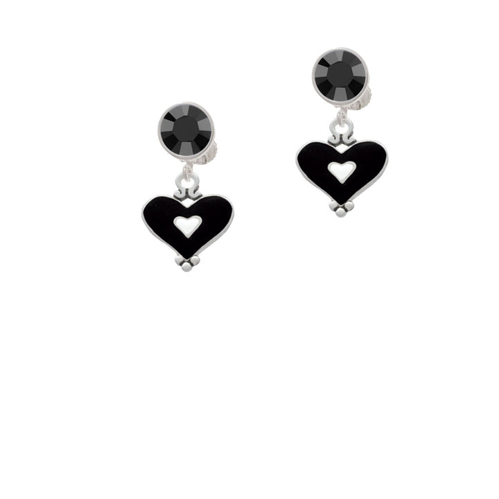 Black and White Enamel Heart Crystal Clip On Earrings Image 3