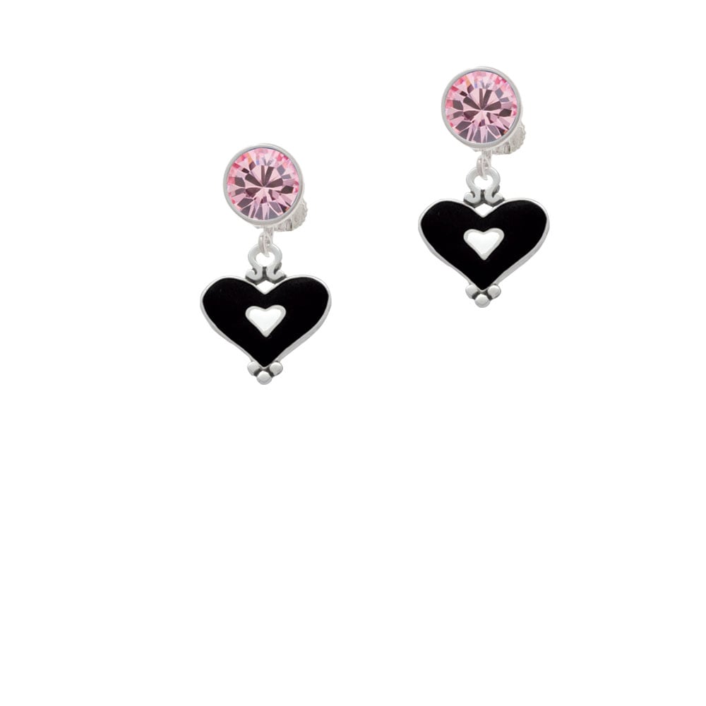 Black and White Enamel Heart Crystal Clip On Earrings Image 1