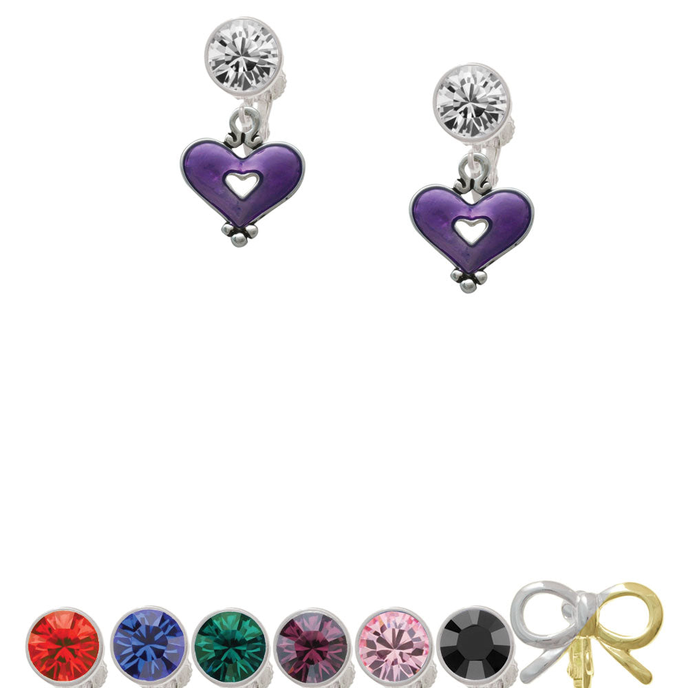 Hot Purple Enamel Heart with Cutout Crystal Clip On Earrings Image 1