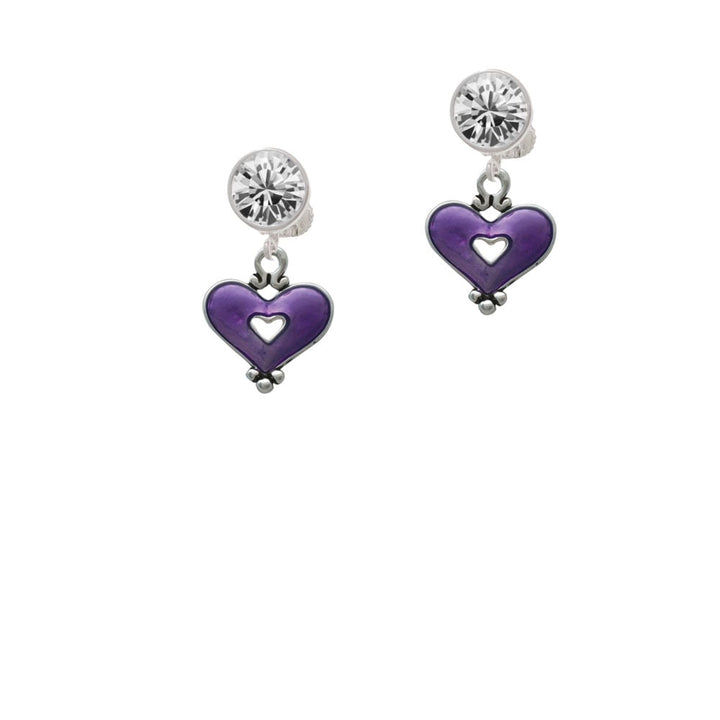 Hot Purple Enamel Heart with Cutout Crystal Clip On Earrings Image 1