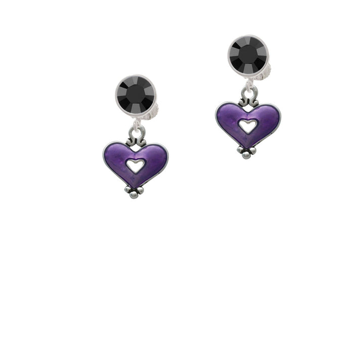 Hot Purple Enamel Heart with Cutout Crystal Clip On Earrings Image 3