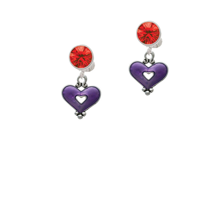 Hot Purple Enamel Heart with Cutout Crystal Clip On Earrings Image 4