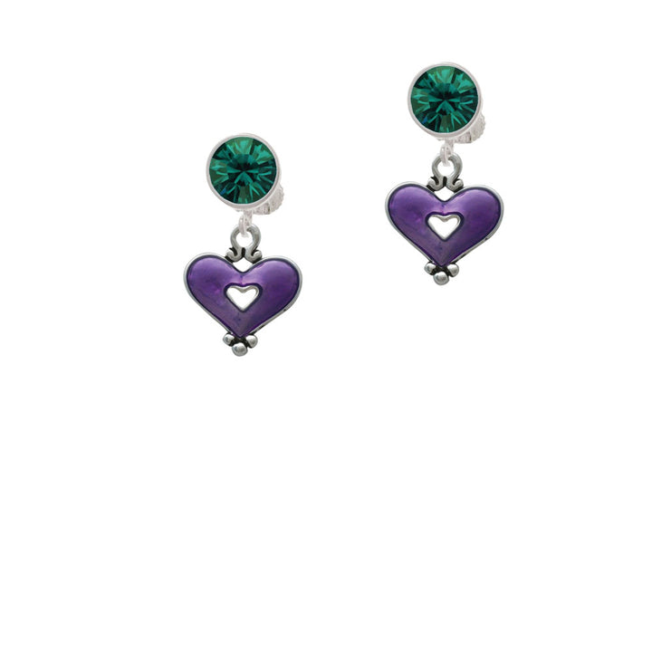 Hot Purple Enamel Heart with Cutout Crystal Clip On Earrings Image 6