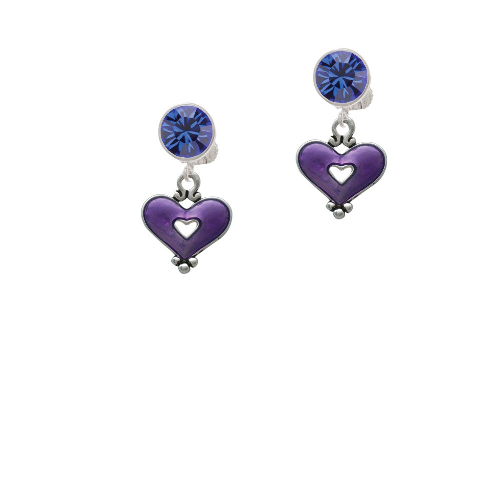 Hot Purple Enamel Heart with Cutout Crystal Clip On Earrings Image 7